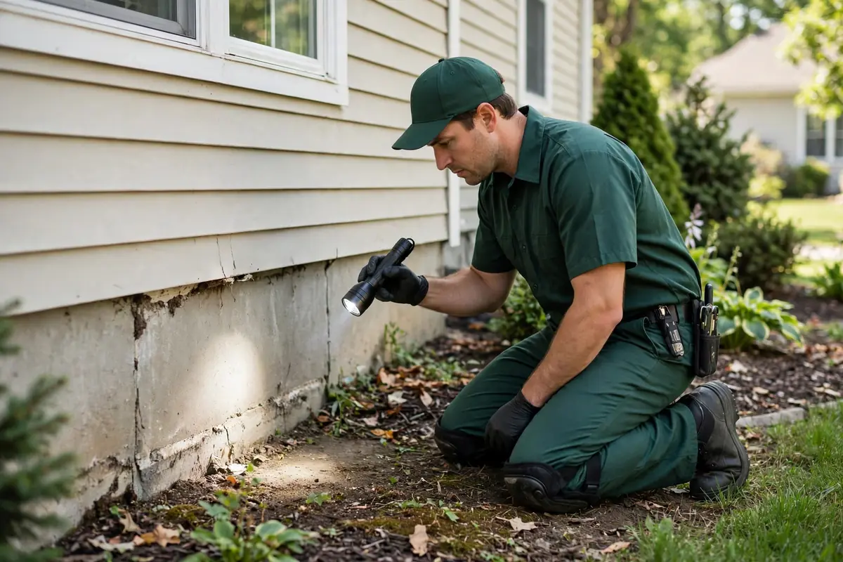 Technician inspecting a Waxahachie home foundation for rodent entry points